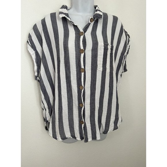 Just Living XL  Top Blouse Button Blue White Striped Gauzy Short Sleeve - Picture 1 of 8